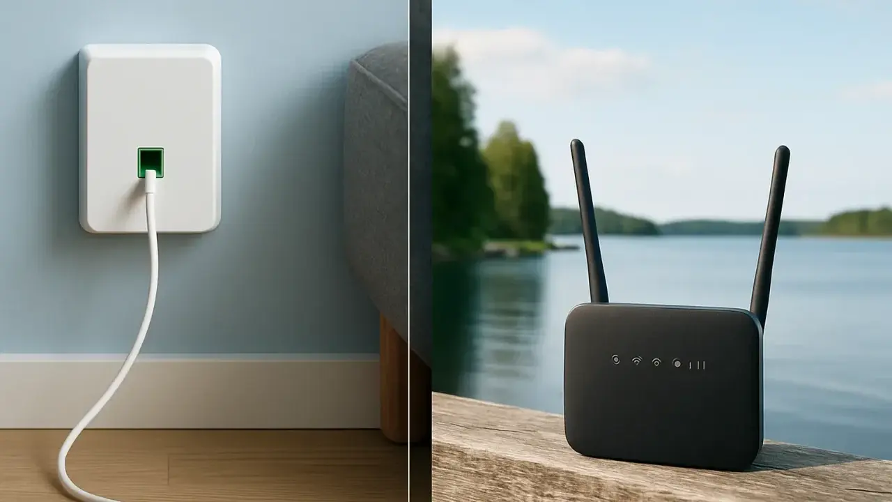 Välj mellan fiber eller mobilt bredband. En vit dosa med kabel i väggen till vänster, en svart router med antenner vid en sjö till höger.