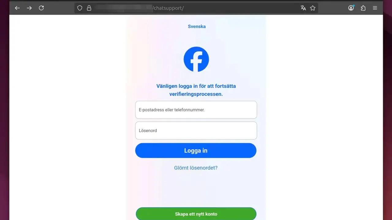 Facebook-inloggning för verifiering. Fält för e-postadress eller telefonnummer, och lösenord. Kapat telefonnummer kan vara en anledning att logga in här.