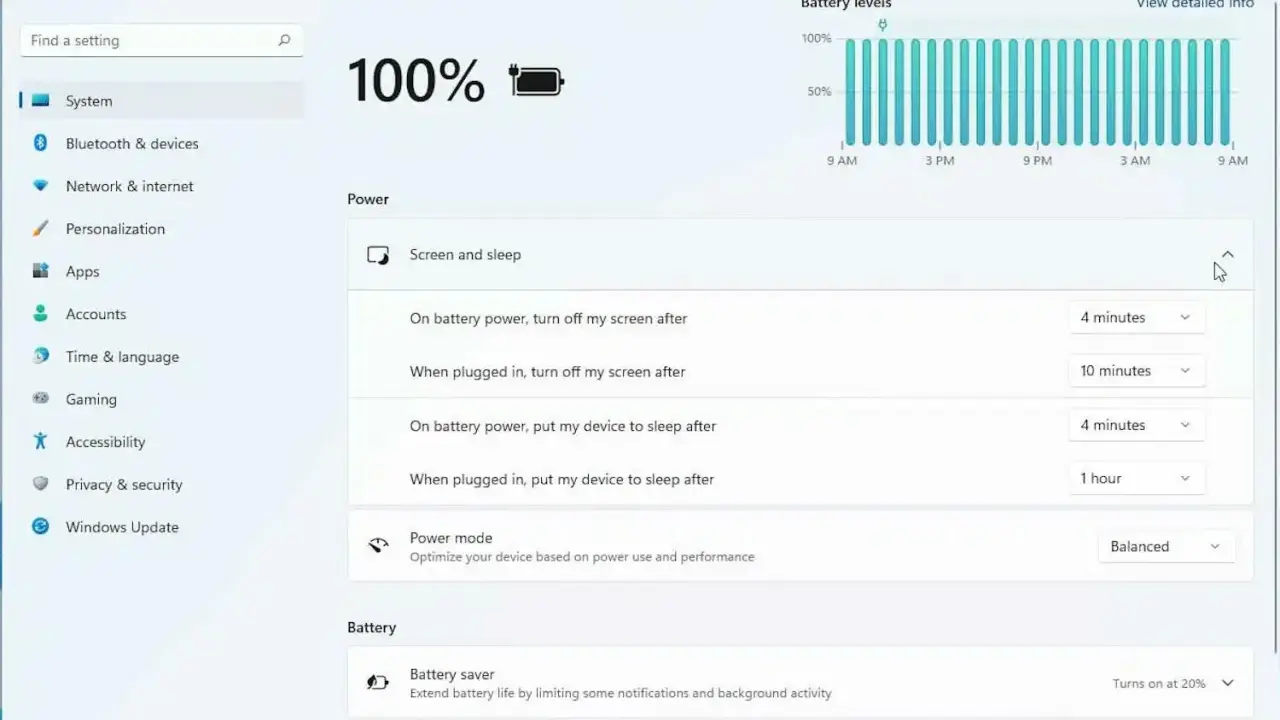Windows 11 kontrollpanelen visar inställningar för ström och batteri, inklusive skärm- och vilotider samt batterisparläge.