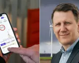 En hand håller en mobil med elpriskollen app som visar elpriser. Bredvid en man med vindkraftverk i bakgrunden.