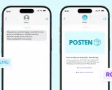 Två mobilskärmar visar meddelanden från "Posten". SMS-meddelandet varnar för en bluff-faktura och en länk. RCS-meddelandet ser äkta ut, men kan vara en del av bluffen.