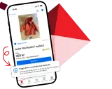 En telefon visar en annons för en röd barnjacka på Blocket. Ett meddelande om frakt med köpskydd visas.