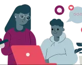 En vuxen och ett barn tittar på en laptop, med pratbubblor och hjärtan som symboliserar sociala medier barn.