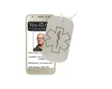 En mobiltelefon visar ett medicinskt id med bild och information. Ett ID-bricka med livets stjärna hänger bredvid.