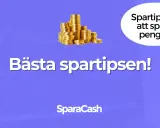 Bästa spartipsen! En pratbubbla säger "Spartips för att spara pengar!". En hög med guldpengar syns ovanför texten. Perfekt för dig som vill byta dator och spara pengar.