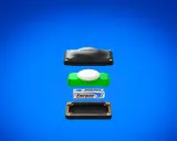 Exploderad vy av en hållare för Apple AirTag, med en Energizer-batteri som visar dess airtag batteritid.
