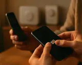 En person håller en smartphone med ett SIM-kort, redo för telia 3g. En äldre mobiltelefon syns i bakgrunden.