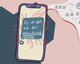 En mobiltelefon visar ett meddelande: "Oj, är det här du?". En länk syns i meddelandet, som om det vore en messenger på datorn.