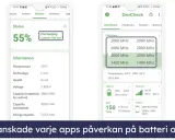 Två mobilskärmar visar batteri- och CPU-status. En visar 55% batteri och en annan visar CPU-hastigheter, som om man söker gratis antivirusprogram android.