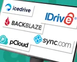 Logotyper för molntjänster som Icedrive, Backblaze, IDrive, pCloud och Sync.com. Perfekt för att spara bilder i molnet.