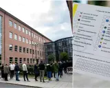 Valdeltagande utanför en röd tegelbyggnad, med en valsedel i förgrunden. Ring 073 telefonnummer för mer information.