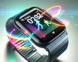En Apple Watch med färgglada ljusstrålar som virvlar runt. Skärmen visar stegräknare och löpande figurer. Perfekt för dig som vill hitta din nya träningskompis.