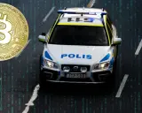 Polisbil på väg, med en bitcoin-symbol och digital kod som antyder en bitcoin sverige bluff.