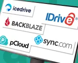 Skärm visar logotyper för molnlagringstjänster: Icedrive, IDrive, Backblaze, pCloud och Sync.com.