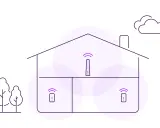Illustration av ett hus med tre enheter som sprider Wi-Fi-signaler. Telia smart control app ger dig kontroll över ditt nätverk.