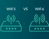 Jämförelse mellan Wifi 5 och Wifi 6 routrar. Två stiliserade routrar visas, en för varje standard, med texten "Wifi 5 VS Wifi 6" ovanför.