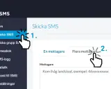 Här visas hur du kan skicka SMS till flera samtidigt. Klicka på "Flera mottagare" för att välja fler mottagare.