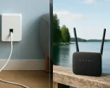 Välj mellan fiber eller mobilt bredband. En vit dosa med kabel i väggen till vänster, en svart router med antenner vid en sjö till höger.