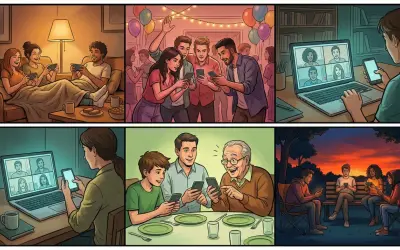 Vänner och familj njuter av roliga spel på mobilen, både tillsammans och på distans.