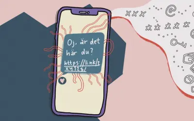 En mobiltelefon visar ett meddelande: "Oj, är det här du?". En länk syns i meddelandet, som om det vore en messenger på datorn.