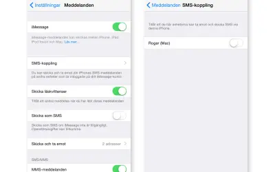Inställningar för att skicka sms från datorn via SMS-koppling. Aktivera SMS-koppling för att skicka och ta emot meddelanden på andra enheter.