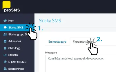 Här visas hur du kan skicka SMS till flera samtidigt. Klicka på "Flera mottagare" för att välja fler mottagare.