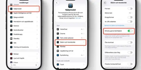Ikoner visar inställningar för iOS 19, med fokus på "Minska genomskinlighet" för bättre läsbarhet.