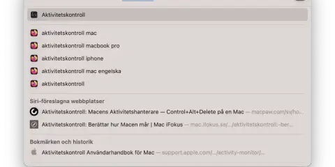 Sökresultat för Aktivitetskontroll på Mac. Visar appen, relaterade sökningar och webbplatser.