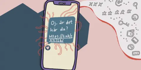 En mobiltelefon visar ett meddelande: "Oj, är det här du?". En länk syns i meddelandet, som om det vore en messenger på datorn.