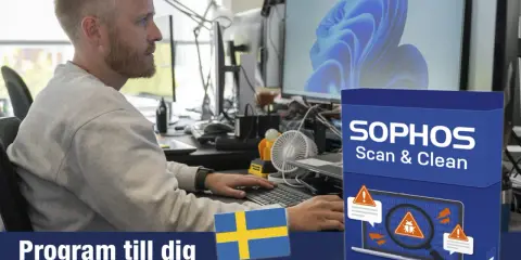 Man arbetar vid datorn med en Sophos Scan & Clean-produkt. Programmet hjälper till att rensa virus från Android och levereras med en svensk guide.