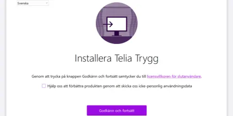 Installerar Telia Trygg. Välj språk och godkänn villkoren för att fortsätta installationen av telia appen.