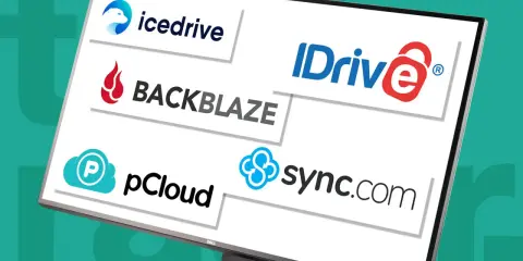 Skärm visar logotyper för molnlagringstjänster: Icedrive, IDrive, Backblaze, pCloud och Sync.com.