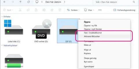 Aktivera BitLocker för att kryptera USB-minne eller annan enhet. Säkerhetskopiera dina filer.