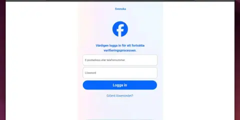 Facebook-inloggning för verifiering. Fält för e-postadress eller telefonnummer, och lösenord. Kapat telefonnummer kan vara en anledning att logga in här.