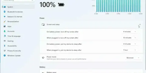 Windows 11 kontrollpanelen visar inställningar för ström och batteri, inklusive skärm- och vilotider samt batterisparläge.
