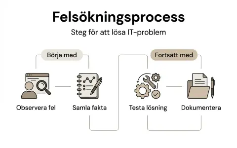 Felsökningsprocess: Observera fel, samla fakta, testa lösning, dokumentera. Perfekt när datorn startar inte.