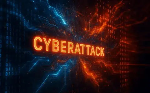 Glödande text "CYBERATTACK" mot en bakgrund av binär kod och kretskort. Detta illustrerar vad som kan hända vid en cyberattack.