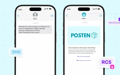 Två mobilskärmar visar meddelanden från "Posten". SMS-meddelandet varnar för en bluff-faktura och en länk. RCS-meddelandet ser äkta ut, men kan vara en del av bluffen.