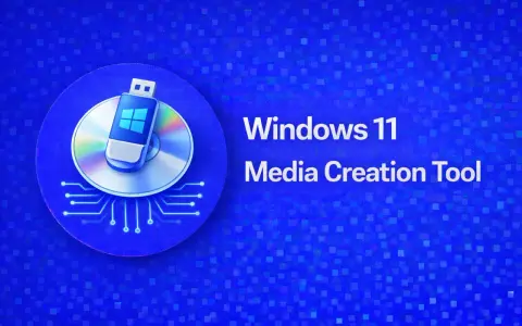 Windows 11 Media Creation Tool med en USB-stick med Windows-logotypen ovanpå en CD.