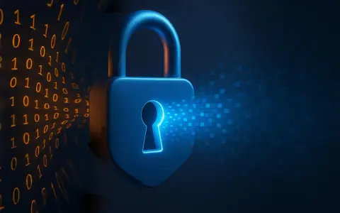 Ett blått hänglås med glödande nyckelhål, omgivet av binär kod. Bilden illustrerar vad betyder kryptering och datasäkerhet.