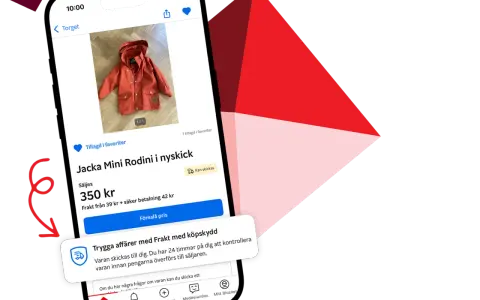 En telefon visar en annons för en röd barnjacka på Blocket. Ett meddelande om frakt med köpskydd visas.