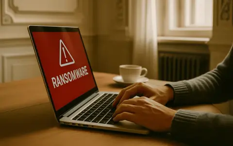 En varning om ransomware visas på en laptop. En person skriver på tangentbordet, en kaffekopp står bredvid.