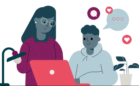 En vuxen och ett barn tittar på en laptop, med pratbubblor och hjärtan som symboliserar sociala medier barn.