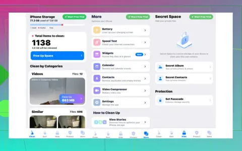 Appen hjälper dig att avlasta appar iPhone genom att frigöra 4.8 GB utrymme. Rensa videor, kontakter och mer.