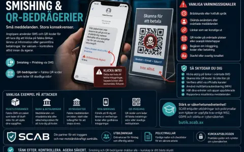 SMS med falska paketleveranser och QR-koder som leder till bedrägerier. Var vaksam mot phishing-försök.