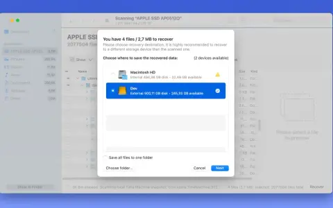 Återställ 4 filer på Mac. Välj destination för att återställa data, t.ex. "Dev" för att visa dolda filer mac.