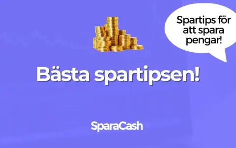 Bästa spartipsen! En pratbubbla säger "Spartips för att spara pengar!". En hög med guldpengar syns ovanför texten. Perfekt för dig som vill byta dator och spara pengar.