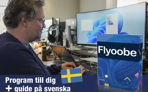 Man vid datorn, redo att uppdatera till Windows 11 med program och guide på svenska.