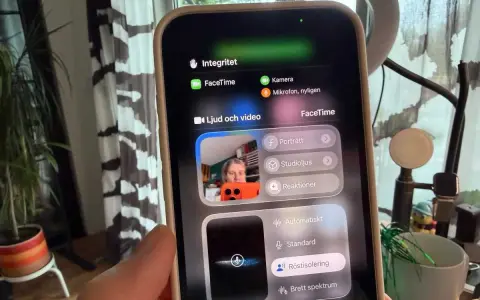 En person håller upp en iPhone som visar en skärm för gruppsamtal via FaceTime. Inställningar för ljud och video visas.