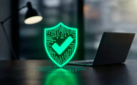 En lysande grön sköld med ett kryss symboliserar ett bra virusprogram. Bredvid står en laptop, redo att skyddas.